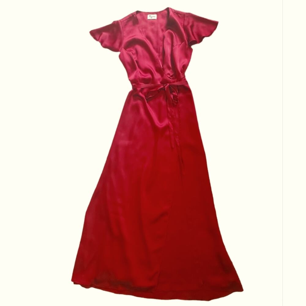 Show Me Your Mumu Noel Wrap Maxi Luxe Satin Ruby Red Dress, Sz XXS with FLAWS